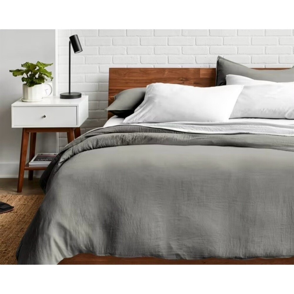 Open box! Bare Home Duvet Cover Set Queen 90x90 Gray Solid Sandwashed w/ 2 Shams